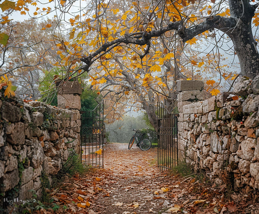 A bicycle rests against a tree inside a stone-walled garden with an open gate, amidst autumn foliage and fallen leaves—an ideal Gate Stone Wall Autumn Leaves Trees Fall Backdrop-ideasbackdrop for photographers capturing fall portraits.