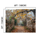 A Gate Stone Wall Autumn Leaves Trees Fall Backdrop-ideasbackdrop by ideasbackdrop shows a stone pathway through an open gate with a bicycle leaning against the wall in the distance. The area is framed with autumn trees shedding yellow leaves, perfect for fall portraits. Image dimensions are 6ft by 5ft (180cm by 150cm).