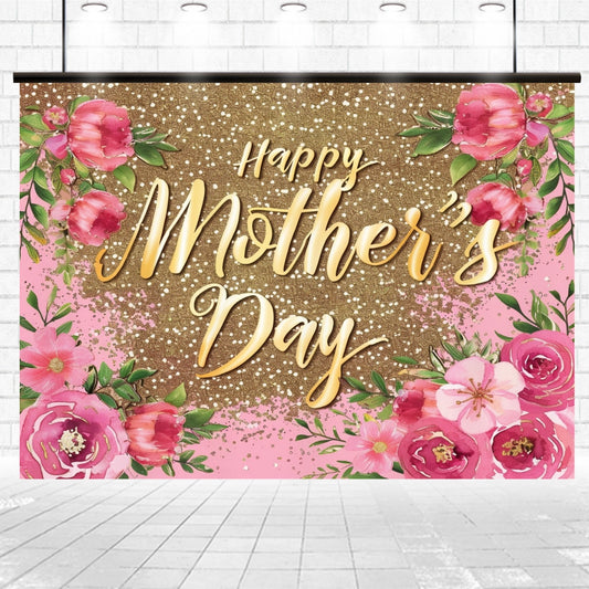A glittery banner with floral graphics reads "Happy Mother's Day" in gold script against a pink and gold background, creating an HD quality backdrop: the Glitter Flower Happy Mother's Day Backdrop-ideasbackdrop by ideasbackdrop.