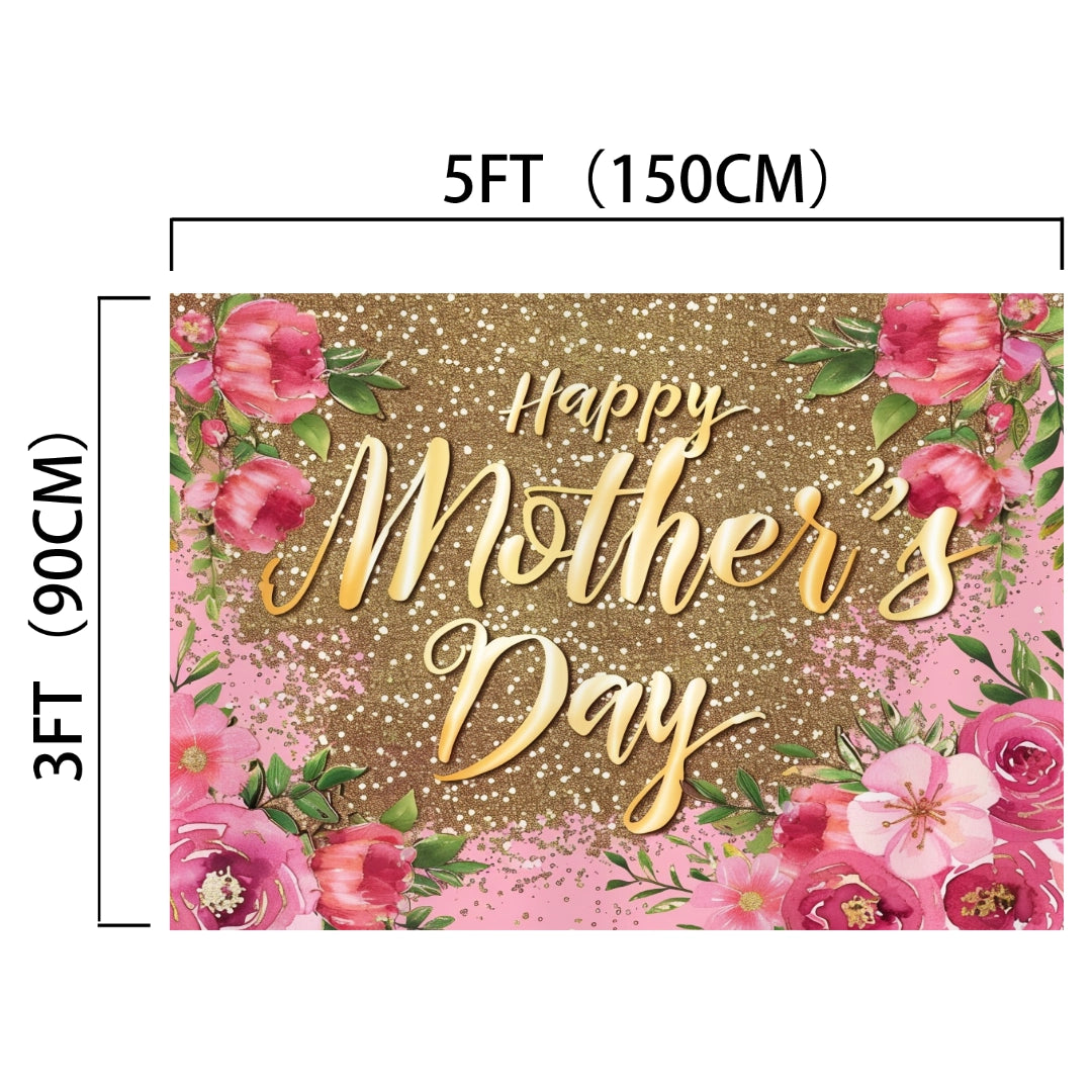A "Glitter Flower Happy Mother's Day Backdrop-ideasbackdrop" with pink and red flowers set against a shimmering gold glitter background, measuring 5 feet (150 cm) by 3 feet (90 cm). This HD quality backdrop from ideasbackdrop is perfect for making memories on this special day.