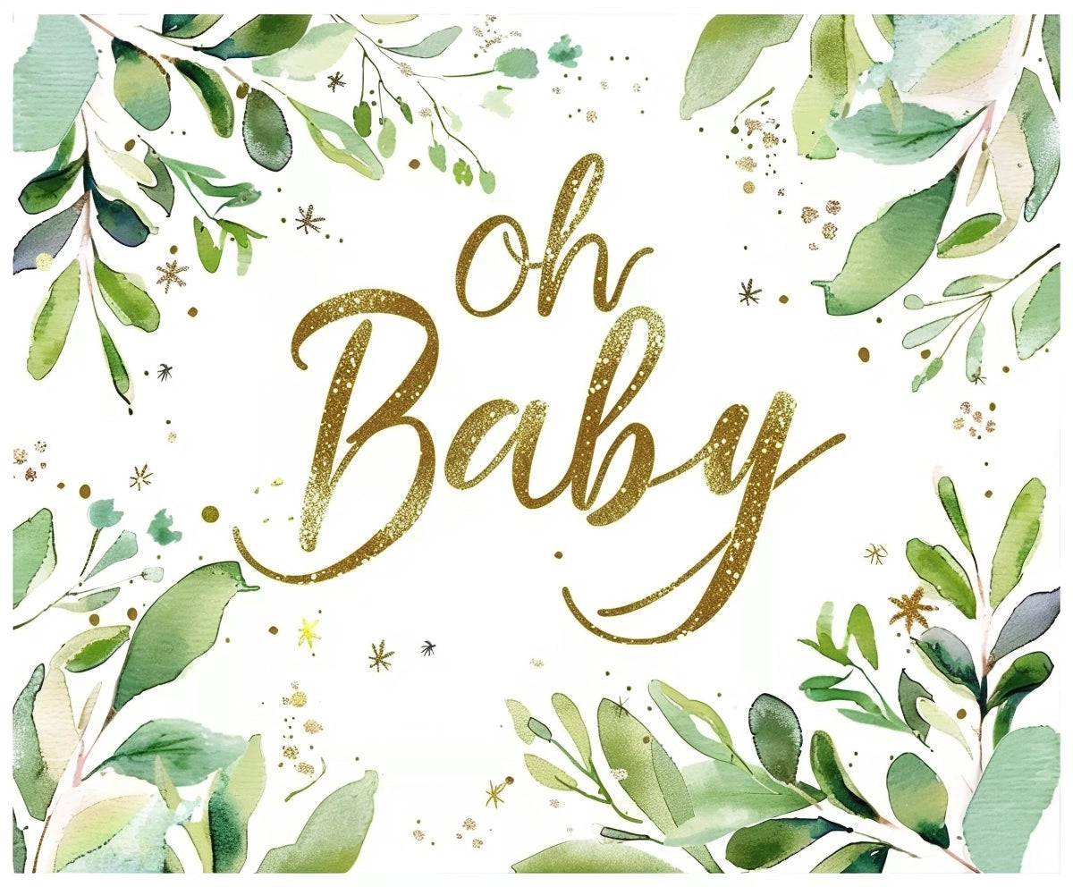 A Green Eucalyptus Oh Baby Shower Backdrop by ideasbackdrop with the words "Oh Baby" in gold glittery text, surrounded by watercolor green leaves and small gold stars, perfectly complementing a memorable baby shower theme.