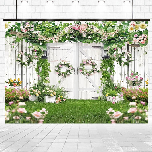 White wooden gates adorned with floral wreaths and surrounded by various blooming flowers, greenery, and potted plants create the perfect wedding ceremony decoration. This Green Leaves Butterfly Spring Floral Backdrop -ideasbackdrop provides an enchanting garden setting that's ideal for your special day.
