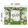 White garden gate with floral decorations, flanked by greenery and flower pots, framed with measurements indicating 6ft (180cm) in width and 5ft (150cm) in height. Ideal as a Green Leaves Butterfly Spring Floral Backdrop -ideasbackdrop for a wedding ceremony decoration.