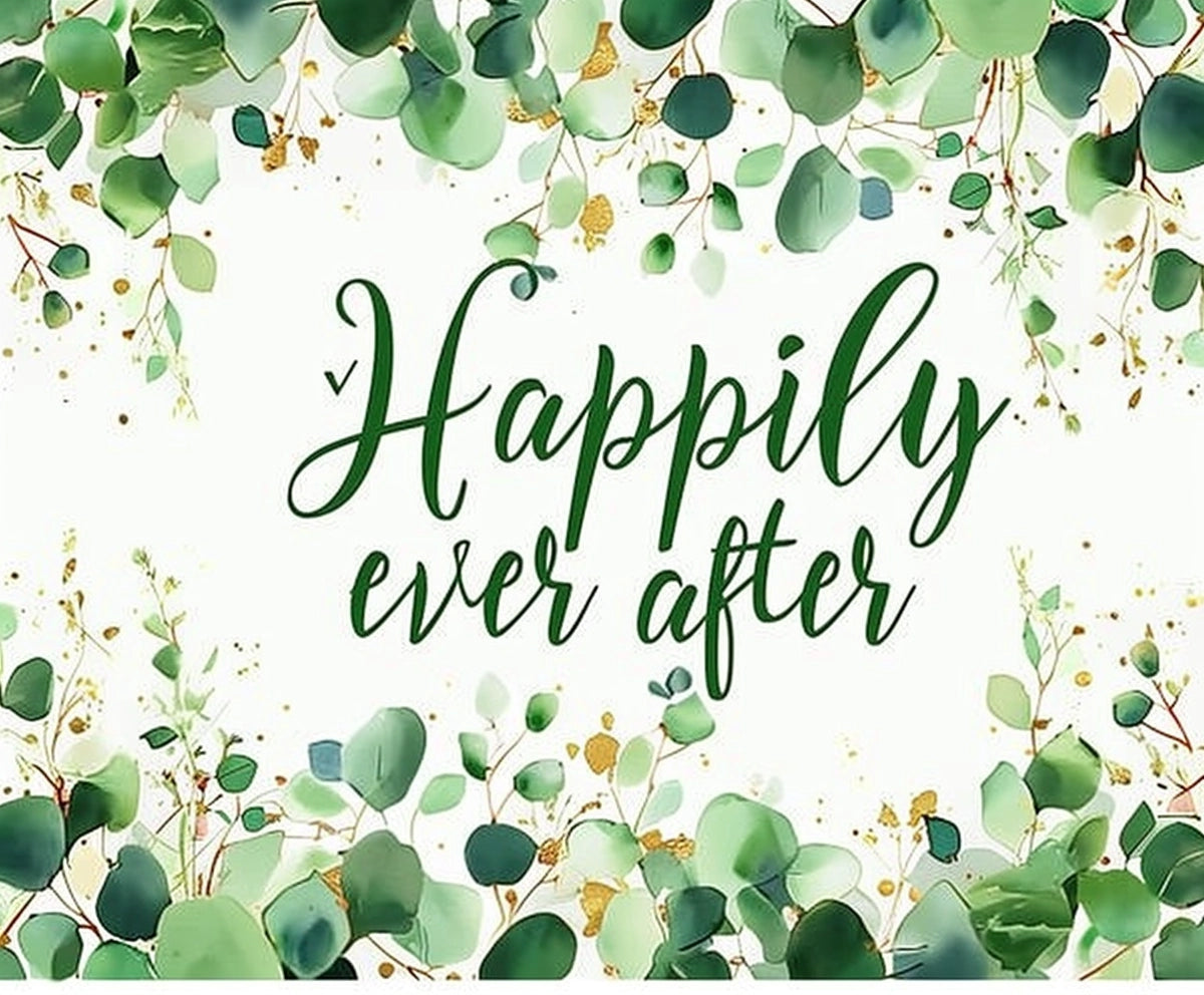 Happily ever after" text surrounded by green and gold foliage on a white background, creating an HD Vivid Happily Ever After Leaves Wedding Backdrop-ideasbackdrop perfect for your wedding day.