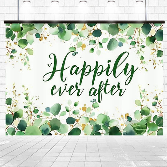 A decorative backdrop with the words "Happily ever after" in green script, surrounded by green leaves and gold accents, hanging against a white brick wall. Perfect for wedding day decor, this Happily Ever After Leaves Wedding Backdrop-ideasbackdrop by ideasbackdrop offers high-definition visuals and a stunning display.