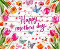 The photo showcases a "Happy Mother's Day" message in pink cursive on a white wooden backdrop, surrounded by colorful tulips, butterflies, and small hearts with the Wood Floral Happy Mother's Day Backdrop-ideasbackdrop by ideasbackdrop.
