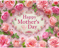 An ornate frame with "Happy Mother's Day" text is surrounded by various pink and peach roses on a light pink background, making the Floral Photography Happy Mothers Day Backdrop - ideasbackdrop by ideasbackdrop a perfect choice for memorable photos.