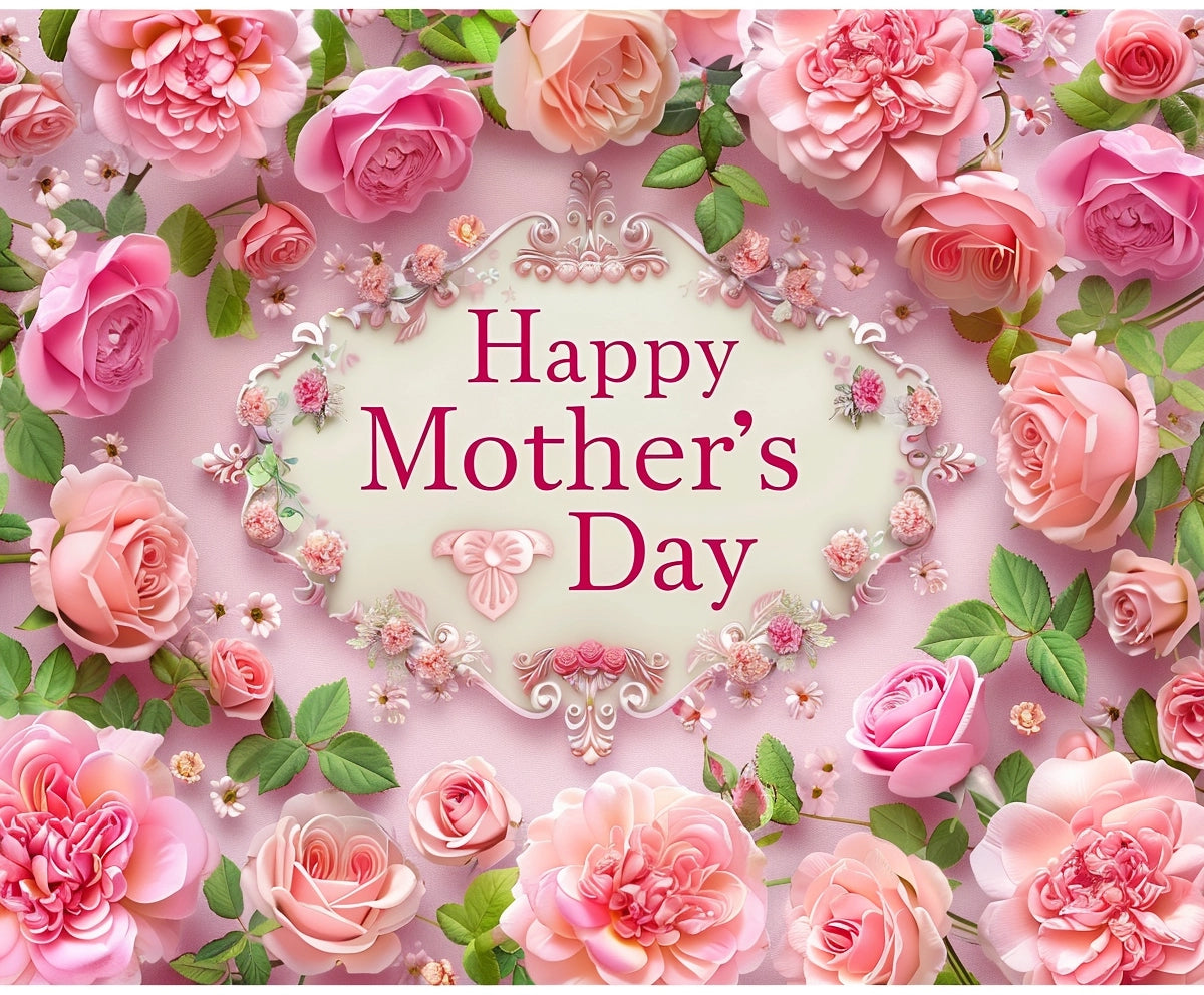 An ornate frame with "Happy Mother's Day" text is surrounded by various pink and peach roses on a light pink background, making the Floral Photography Happy Mothers Day Backdrop - ideasbackdrop by ideasbackdrop a perfect choice for memorable photos.
