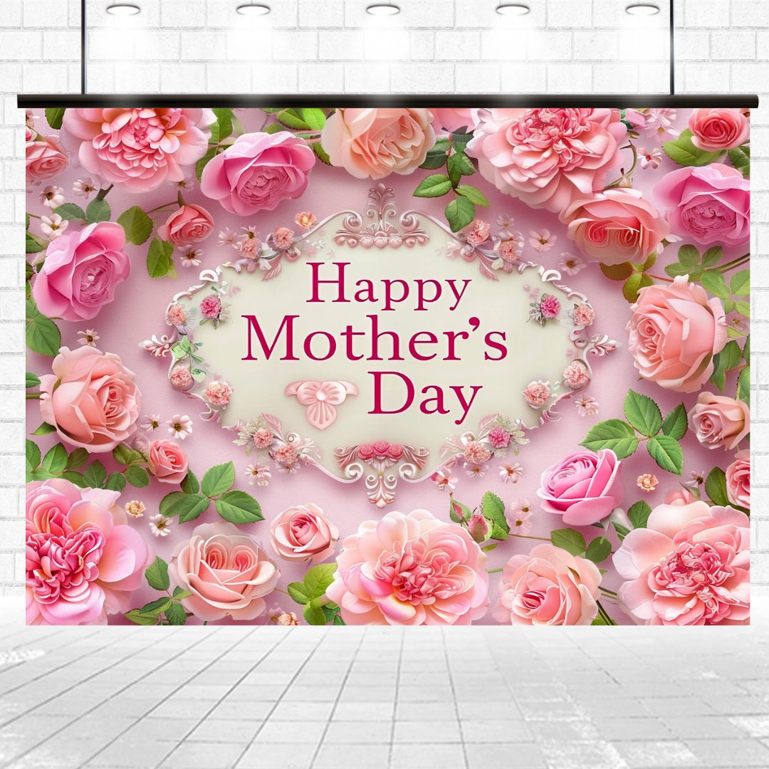 A Floral Photography Happy Mothers Day Backdrop -ideasbackdrop with pink roses and green leaves surrounding the text "Happy Mother's Day" on a light pink background, perfect for capturing memorable photos by ideasbackdrop.