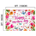 Banner for Mother's Day measuring 5 feet by 3 feet (150cm by 90cm), featuring colorful flowers, butterflies, and hearts with "Happy Mother's Day" text on a wooden plank background. This durable, vibrant backdrop ensures a stunning display that brings your celebration to life. Introducing the Wood Floral Happy Mother's Day Backdrop-ideasbackdrop by ideasbackdrop.