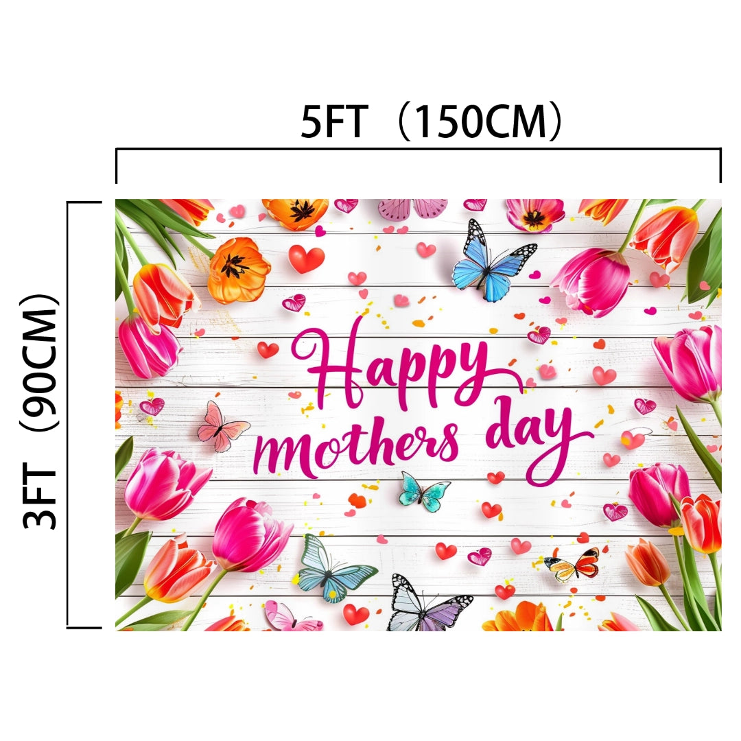 Banner for Mother's Day measuring 5 feet by 3 feet (150cm by 90cm), featuring colorful flowers, butterflies, and hearts with "Happy Mother's Day" text on a wooden plank background. This durable, vibrant backdrop ensures a stunning display that brings your celebration to life. Introducing the Wood Floral Happy Mother's Day Backdrop-ideasbackdrop by ideasbackdrop.