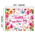 A durable vibrant backdrop, this rectangular banner measuring 6 feet by 5 feet displays "Happy Mother's Day" text in pink with colorful flowers, butterflies, and hearts on a white wooden background. The Wood Floral Happy Mother's Day Backdrop-ideasbackdrop is brought to you by ideasbackdrop.