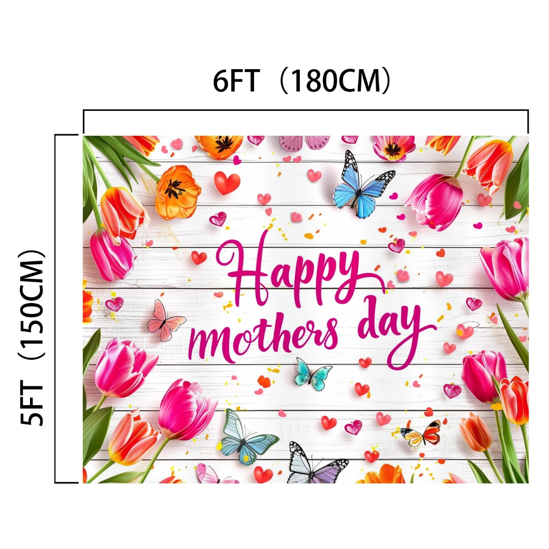 A durable vibrant backdrop, this rectangular banner measuring 6 feet by 5 feet displays "Happy Mother's Day" text in pink with colorful flowers, butterflies, and hearts on a white wooden background. The Wood Floral Happy Mother's Day Backdrop-ideasbackdrop is brought to you by ideasbackdrop.