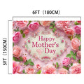 A decorative Mother's Day backdrop featuring the text "Happy Mother's Day" surrounded by pink and peach roses on a pink background. This 6 feet by 5 feet (180 cm by 150 cm) display, made from high-quality materials, is perfect for capturing memorable photos. The Floral Photography Happy Mothers Day Backdrop -ideasbackdrop from ideasbackdrop is an ideal choice for the occasion.