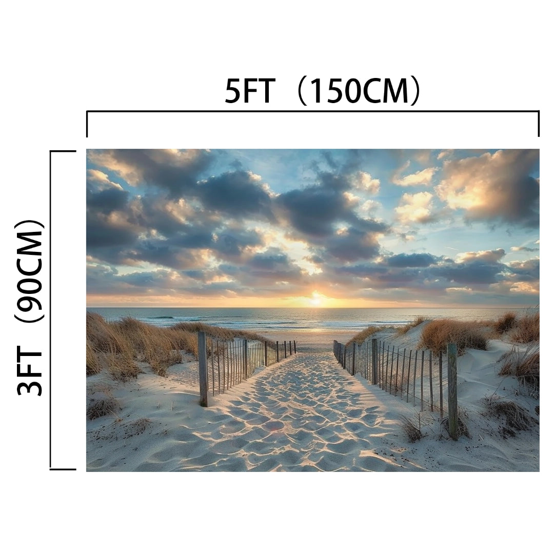 A beach path flanked by sand dunes leads to the ocean under a sky with scattered clouds, captured in high-definition clarity. Dimensions are 5 feet (150 cm) wide by 3 feet (90 cm) tall, providing a Hawaii Sun Sky Ocean Photo Beach Backdrop -ideasbackdrop that brings photographic styles to life.