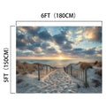 A sandy path leads to a beach with tall grasses on either side under a cloudy sky at sunset, captured in high-definition clarity. This Hawaii Sun Sky Ocean Photo Beach Backdrop -ideasbackdrop measures 6 feet by 5 feet (180cm by 150cm), offering photographic styles that bring the serene landscape to life.