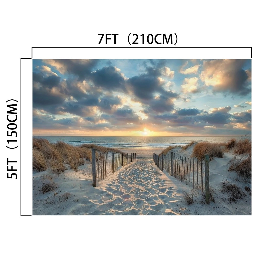 A sandy path leads through dunes to the sea under a partly cloudy sky with the sun low on the horizon, captured in Hawaii Sun Sky Ocean Photo Beach Backdrop -ideasbackdrop. Dimensions are 7 feet (210 cm) in width and 5 feet (150 cm) in height, showcasing high-definition clarity.