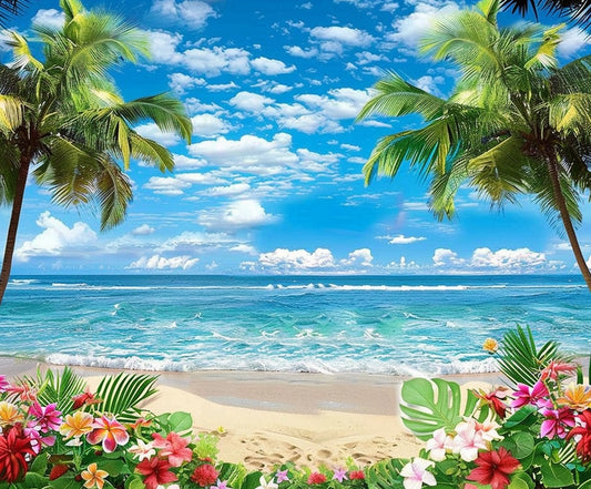Hawaiian Flowers Ocean Beach Backdrop