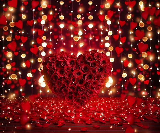 A heart shape made of red roses sits on a surface covered with petals against an ideasbackdrop Heart Red Rose Bridal Shower Flower Backdrop -ideasbackdrop of hanging lights and hearts, creating a lifelike botanical experience.