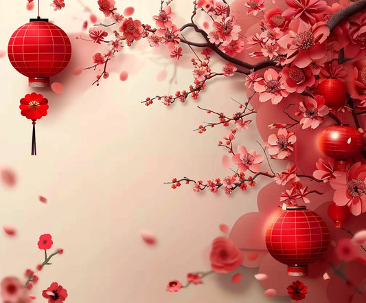 Red lanterns and cherry blossoms adorn a tree branch in a decorative, festive scene predominantly in shades of red and pink, creating an ideasbackdrop Lantern Floral Flowers Photography Backdrop with stunning visual impact.