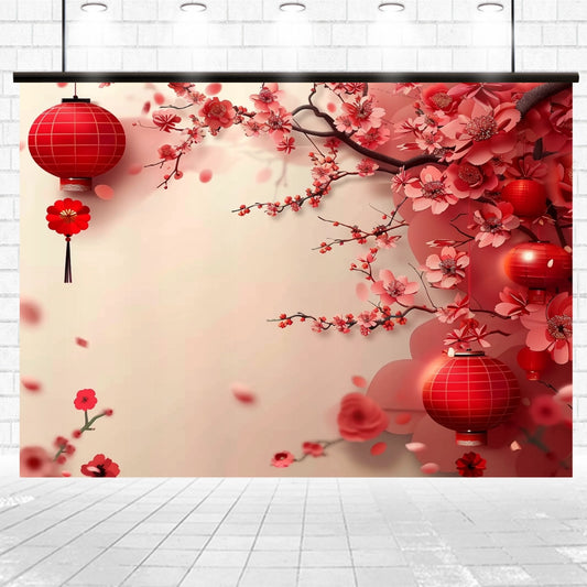 A decorative scene features the Lantern Floral Flowers Photography Backdrop -ideasbackdrop by ideasbackdrop with red lanterns and cherry blossoms against a neutral background with falling petals, creating a stunning visual impact.