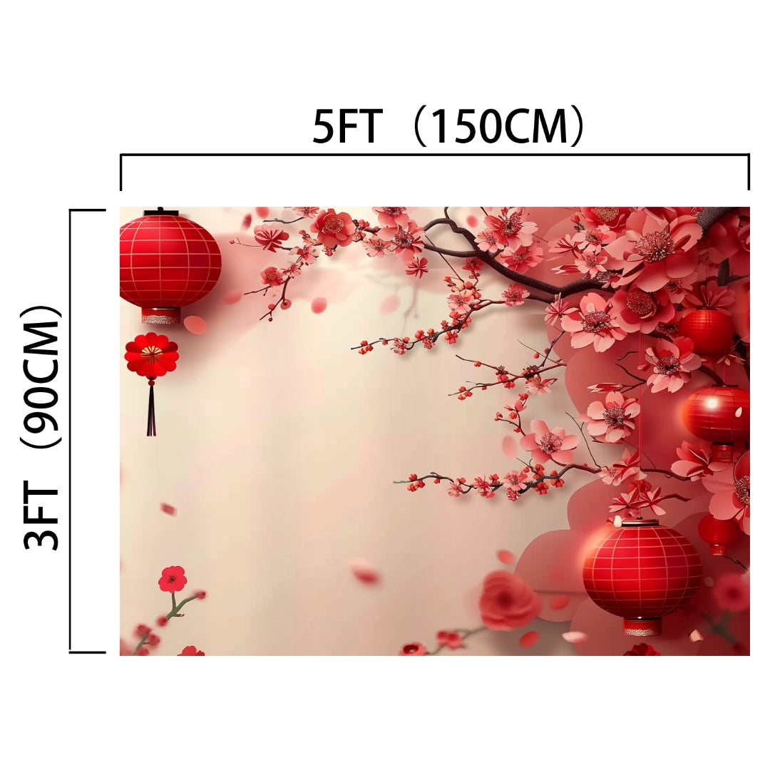 A stunning visual impact backdrop featuring red lanterns and cherry blossom branches, measuring 5 feet (150 cm) in width and 3 feet (90 cm) in height. This Lantern Floral Flowers Photography Backdrop -ideasbackdrop promises a striking addition to your decor, perfect for creating a floral spectacle.