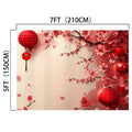 A digital illustration shows red lanterns and cherry blossoms on branches against a beige background with dimensions labeled as 7ft (210cm) width and 5ft (150cm) height, creating an HD vivid floral backdrop for a stunning visual impact. This is the Lantern Floral Flowers Photography Backdrop -ideasbackdrop by ideasbackdrop.