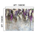 A decorative Lavender Floral Bridal Photo Studio Backdrop -ideasbackdrop featuring cascading purple and white lifelike flowers along with greenery. It measures 6 feet (180 cm) wide and 5 feet (150 cm) tall.