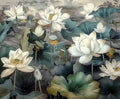 A detailed painting of white lotus flowers and green leaves in a pond, with soft, muted colors and intricate background elements—the perfect Lotus Abstract Watercolor Floral Background -ideasbackdrop by ideasbackdrop for weddings or photo sessions.
