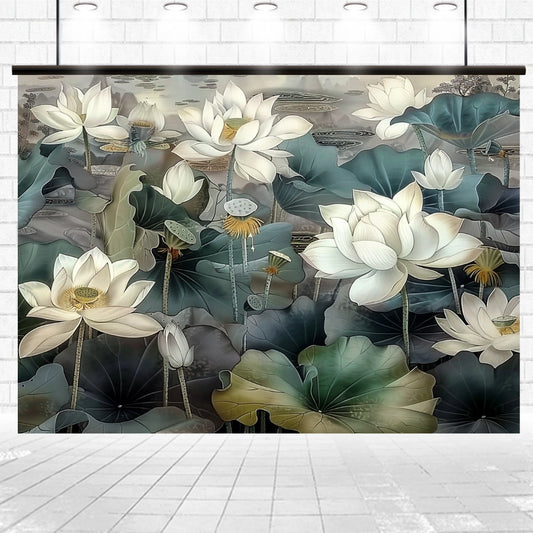 A wall mural depicting a serene scene of white lotus flowers and large green leaves against a muted background. The Lotus Abstract Watercolor Floral Background -ideasbackdrop is displayed in a well-lit, modern indoor space with a tiled floor.