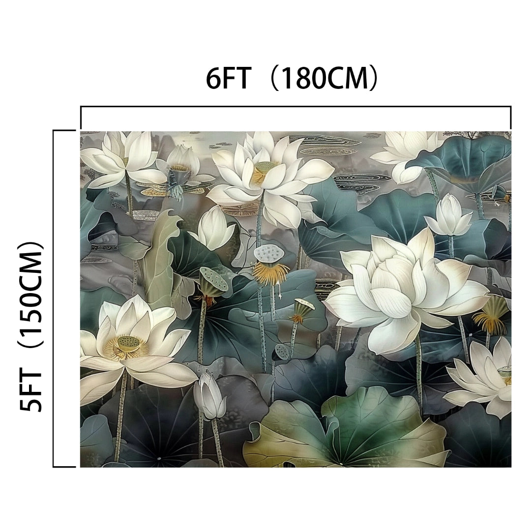 Illustration of white lotus flowers and green leaves on a dark background, labeled as 6 feet (180cm) by 5 feet (150cm). This ideasbackdrop Lotus Abstract Watercolor Floral Background -ideasbackdrop is perfect for photo sessions or weddings, adding an elegant touch to any occasion.