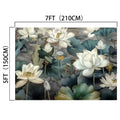 A decorative mural featuring a lotus pond with white lilies and green leaves, measuring 7 feet (210 cm) wide and 5 feet (150 cm) tall, makes the perfect Lotus Abstract Watercolor Floral Background -ideasbackdrop for weddings or photo sessions.