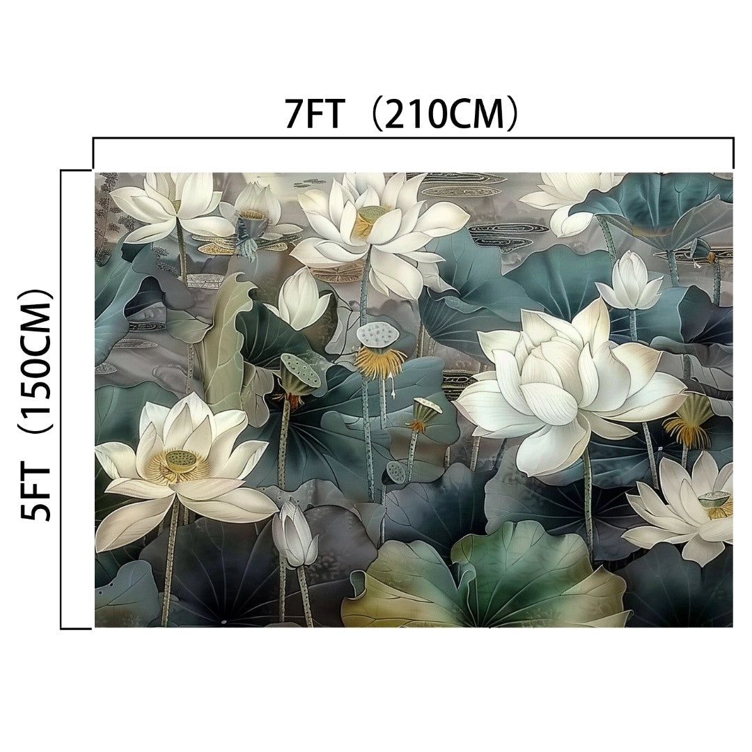 A decorative mural featuring a lotus pond with white lilies and green leaves, measuring 7 feet (210 cm) wide and 5 feet (150 cm) tall, makes the perfect Lotus Abstract Watercolor Floral Background -ideasbackdrop for weddings or photo sessions.