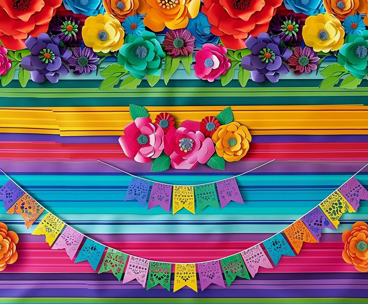 Vibrant HD vivid floral backdrop and colorful stripes form the scenery, with multicolored pennant banners hanging below, resembling a festive celebration perfect for special occasions.