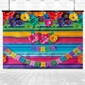 Colorful banner featuring rows of vibrant flowers and multicolored stripes, with small ornate paper flags hanging near the bottom. Perfect for weddings or professional photo shoots, this Mexican Cinco De Mayo Flower Backdrop -ideasbackdrop is set against a bright, tiled floor.