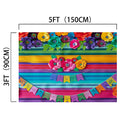 A colorful HD vivid backdrop with a floral design and decorative flags. Perfect for professional photo shoots, it measures 5 feet (150 cm) wide and 3 feet (90 cm) tall. Product Name: Mexican Cinco De Mayo Flower Backdrop -ideasbackdrop Brand Name: ideasbackdrop