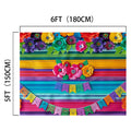 Colorful birthday backdrop with paper flowers at the top and bunting flags, perfect for professional photo shoots. This Mexican Cinco De Mayo Flower Backdrop - ideasbackdrop measures 6 feet (180 cm) by 5 feet (150 cm).
