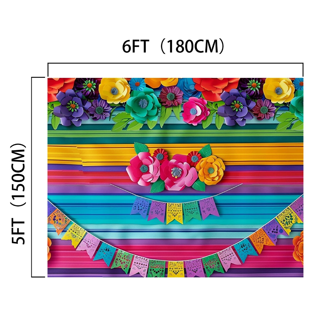 Colorful birthday backdrop with paper flowers at the top and bunting flags, perfect for professional photo shoots. This Mexican Cinco De Mayo Flower Backdrop - ideasbackdrop measures 6 feet (180 cm) by 5 feet (150 cm).