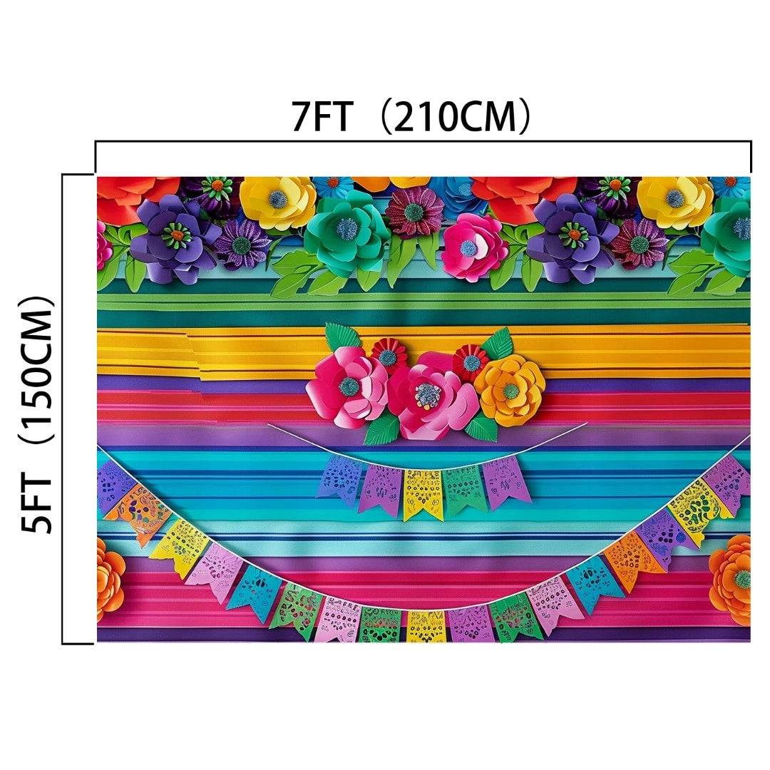 A colorful, HD vivid backdrop measuring 7 feet (210 cm) by 5 feet (150 cm) with horizontal stripes, paper flowers at the top and center, and a string of small paper flags at the bottom—ideal for professional photo shoots is the Mexican Cinco De Mayo Flower Backdrop by ideasbackdrop.