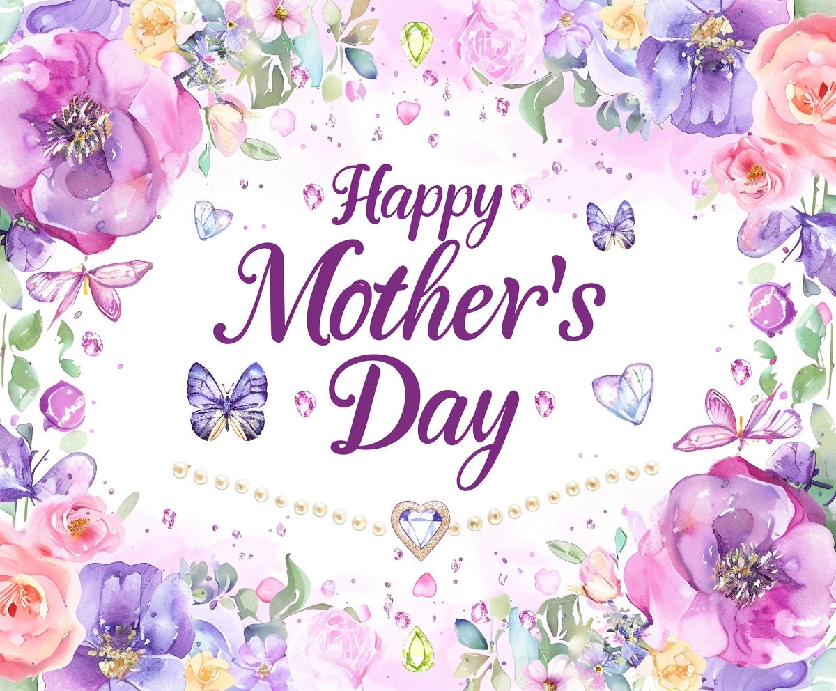 A "Happy Mother's Day" message is surrounded by colorful watercolor flowers, butterflies, and heart decorations, making it the perfect Purple Floral Butterfly Happy Mothers Day Backdrop-ideasbackdrop for a picture-perfect celebration.