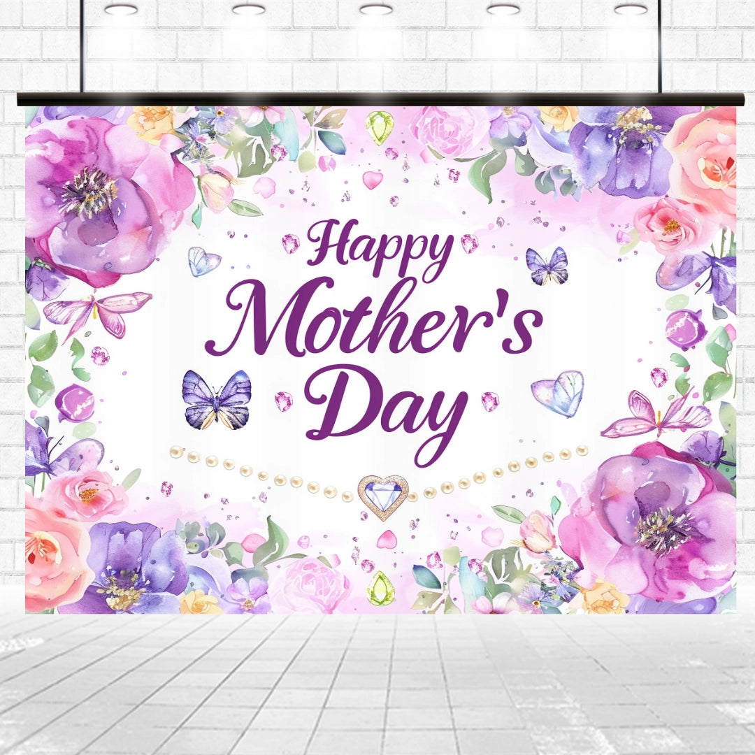 A "Purple Floral Butterfly Happy Mother's Day Backdrop-ideasbackdrop" surrounded by colorful flowers, butterflies, and gems against a light background creates a picture-perfect celebration.