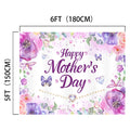 A 6-foot by 5-foot Mother's Day banner with purple and pink floral designs, butterflies, and a pearl necklace graphic, featuring the text "Happy Mother's Day" in the center in purple lettering—an Purple Floral Butterfly Happy Mothers Day Backdrop-ideasbackdrop that's picture-perfect for your celebration.