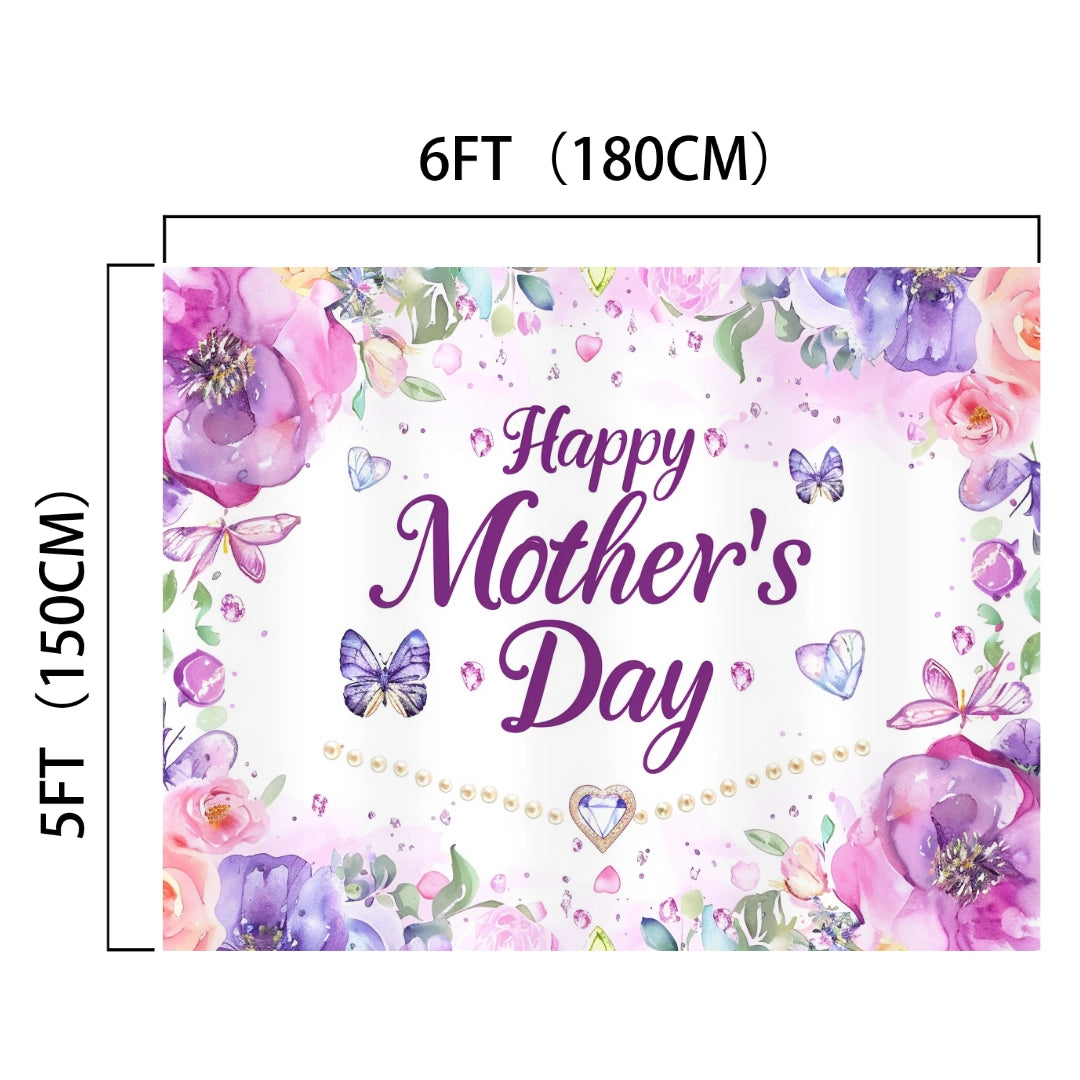 A 6-foot by 5-foot Mother's Day banner with purple and pink floral designs, butterflies, and a pearl necklace graphic, featuring the text "Happy Mother's Day" in the center in purple lettering—an Purple Floral Butterfly Happy Mothers Day Backdrop-ideasbackdrop that's picture-perfect for your celebration.