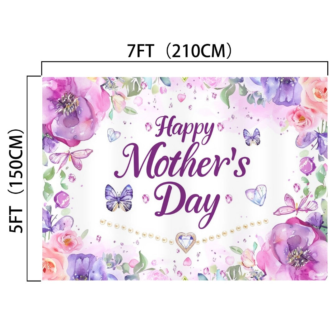 A rectangular sign with floral decorations, butterflies, and gemstones creates a picture-perfect display. The text reads "Happy Mother's Day" in the center. Dimensions are 7 feet (210 cm) by 5 feet (150 cm), making it an ideal HD backdrop for your celebration. This is the Purple Floral Butterfly Happy Mothers Day Backdrop-ideasbackdrop by ideasbackdrop.