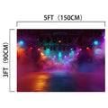 A stage with colorful lights and smoke effects, featuring high-resolution printing on wrinkle-resistant ideasbackdrop Music Concert Stage Backdrop for Photography Theater Backgrounds, measures 5 feet (150 cm) by 3 feet (90 cm).