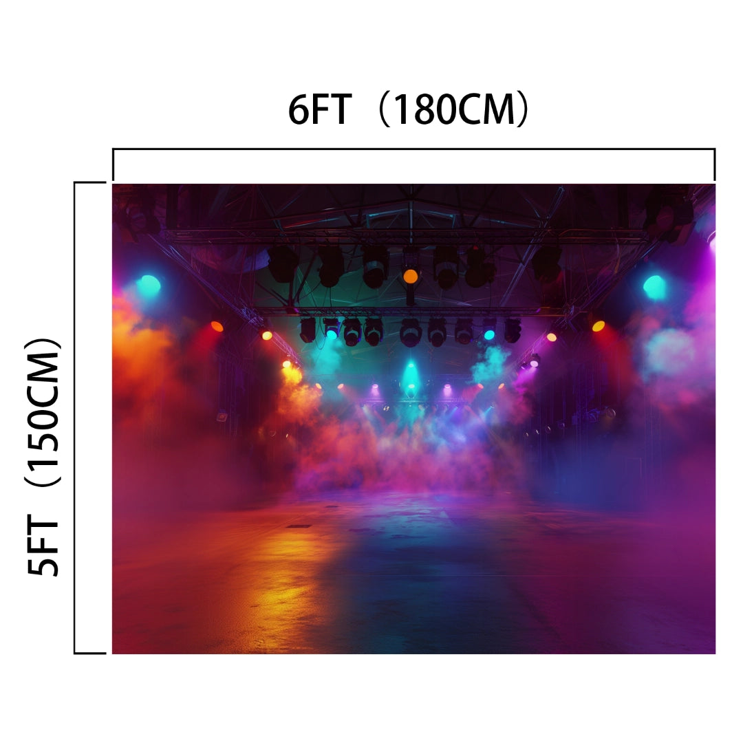 A stage with colorful spotlights and fog effects features a backdrop measuring 6 feet wide and 5 feet tall. Utilizing high-resolution printing, the Music Concert Stage Backdrop for Photography Theater Backgrounds by ideasbackdrop offers vivid imagery, ensuring every detail pops while maintaining wrinkle resistance for a flawless presentation.