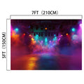 A misty, colorful stage with vibrant lighting of various hues and a high-resolution printed backdrop. The stage features the Music Concert Stage Backdrop for Photography Theater Backgrounds by ideasbackdrop and measures 7 feet (210 cm) in width and 5 feet (150 cm) in height.