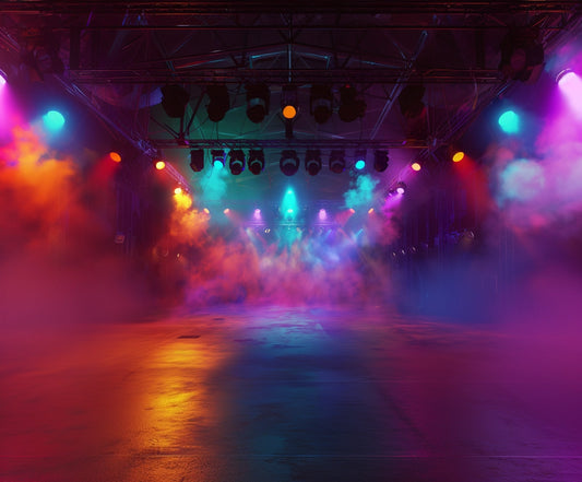 An empty stage with multi-colored spotlights illuminating smoke effects, enhanced by ideasbackdrop's Music Concert Stage Backdrop for Photography Theater Backgrounds, creating a vibrant atmosphere.