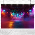 A brightly lit stage with colorful lights and smoke effects in front of an ideasbackdrop Music Concert Stage Backdrop for Photography Theater Backgrounds set against a brick wall.