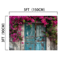 An old, teal double door with peeling paint, framed by vibrant pink flowers, creates a vivid door backdrop set in a weathered wall. This realistic design stands 5 feet (150 cm) wide and 3 feet (90 cm) tall, perfect for adding charm to any home's decor. The Spring Flowers Old Wood Door Backdrop-ideasbackdrop from ideasbackdrop is the ideal addition to your space.

